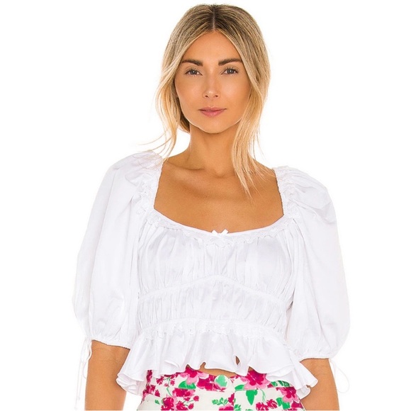 For Love And Lemons White Puff Sleeve Smocked Blouse - Picture 1 of 6